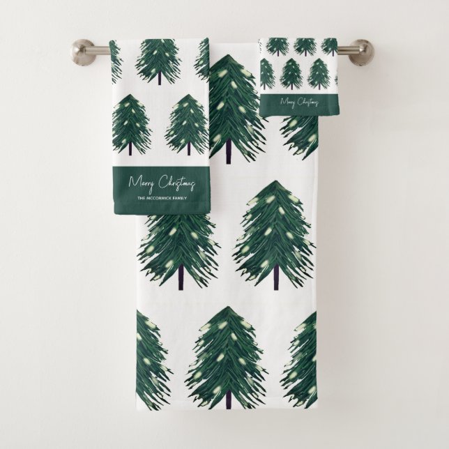 Snow Covered Pine Trees Christmas Family Monogram Bath Towel Set (Insitu)