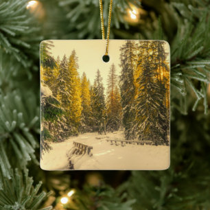 Snow Covered Pine Trees Forest Nature Photo Ceramic Ornament