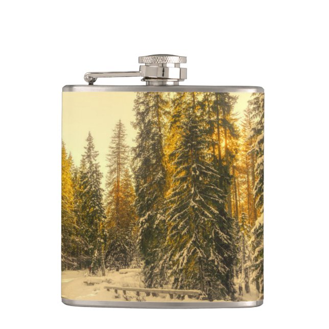 Snow Covered Pine Trees Forest Nature Photo Hip Flask (Front)