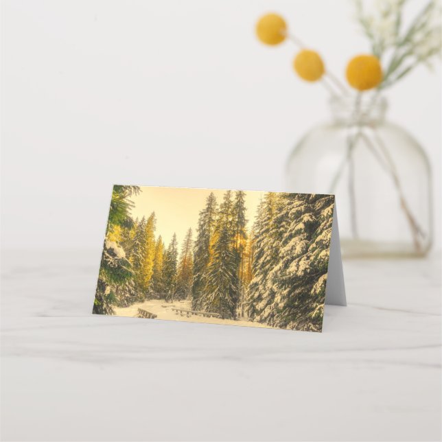 Snow Covered Pine Trees Forest Nature Photo Place Card (Front)