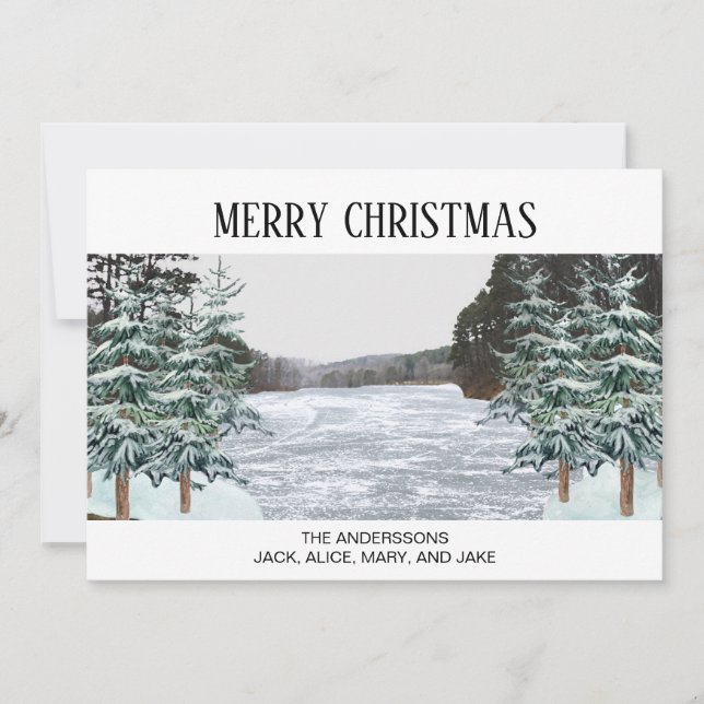 Snow Covered Pine Trees Icy Lake  Holiday Card (Front)