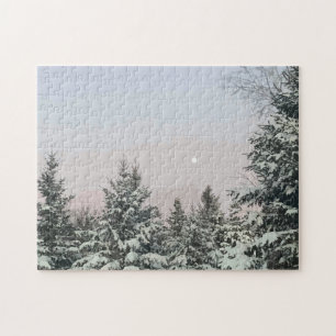 Snow Covered Pine Trees Moon Sunset Jigsaw Puzzle