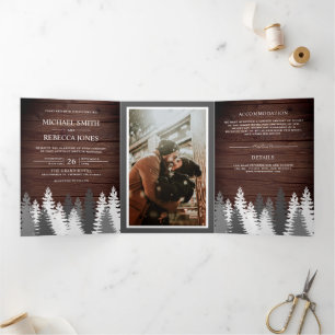 Snow Covered Pine Trees Rustic Wood Forest Wedding Tri-Fold Invitation