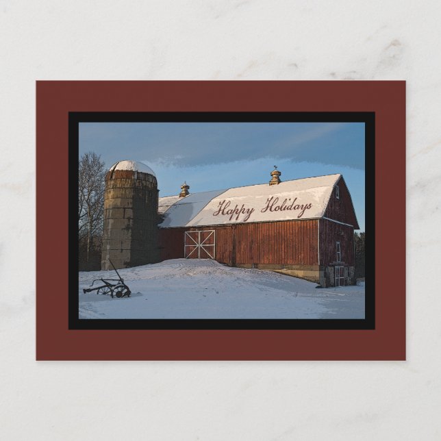Snow Covered Red Barn Happy Holidays Holiday Postcard (Front)