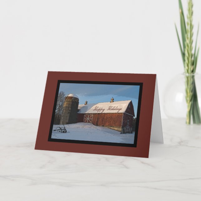 Snow Covered Red Country Barn Happy Holidays Holiday Card (Front)