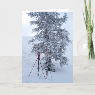 Snow-Covered Tree and Skis Holiday Card