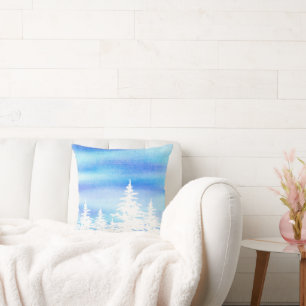 Snow Covered Trees Blue Violet Watercolor Wash  Cushion