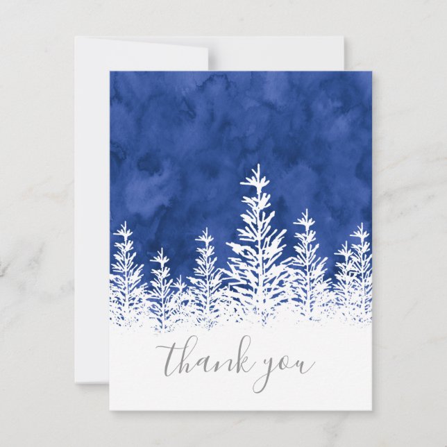 Snow Covered Trees Indigo Watercolor Thank You Card (Front)