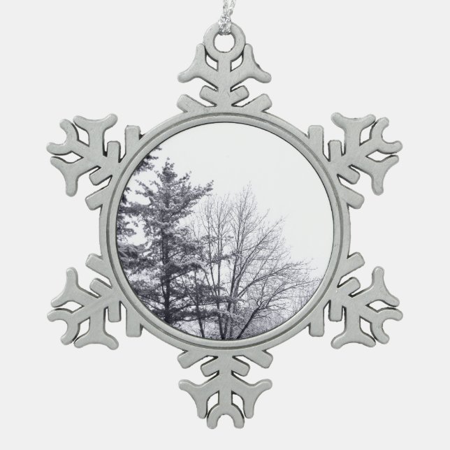 Snow-covered Trees: Vertical Snowflake Pewter Christmas Ornament (Front)