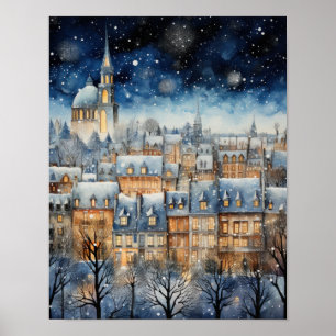 Snow Covered Village Blue Themed Poster