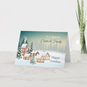 Snow Covered Village Tree Sister & her Family Holiday Card