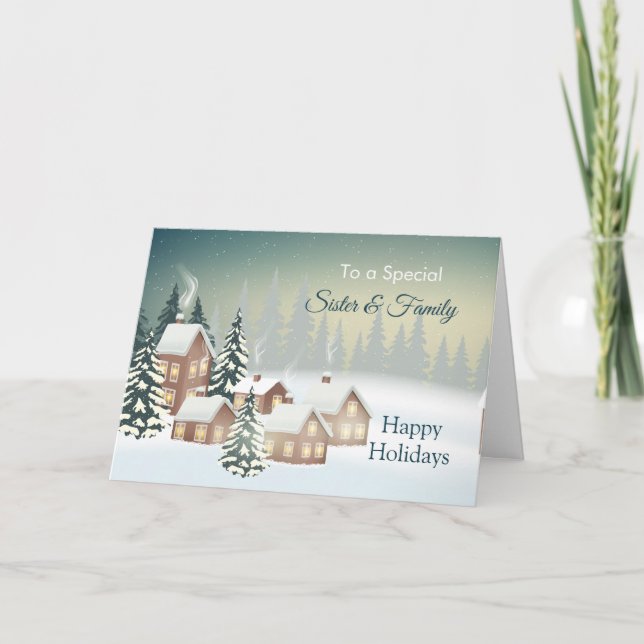 Snow Covered Village Tree Sister & her Family Holiday Card (Front)