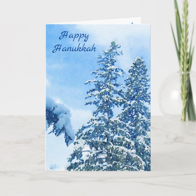 Snow Covered Winter Blue Pine Trees Holiday Card (Front)
