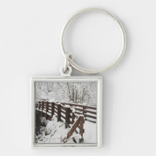 Snow Covered Wooden Bridge Key Ring