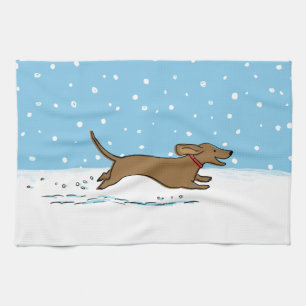 Snow Dachshund - Wiener Dog Christmas Holiday Tea Towel