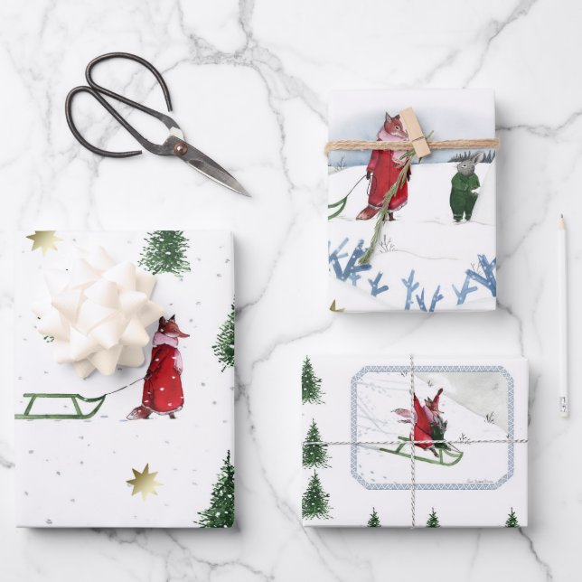 Snow Day Of Fox And Rabbit Illustration Wrapping Paper Sheet (Front)