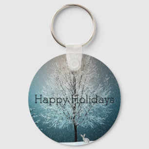 Snow Day, Snow Covered Tree, Bunny Key Ring