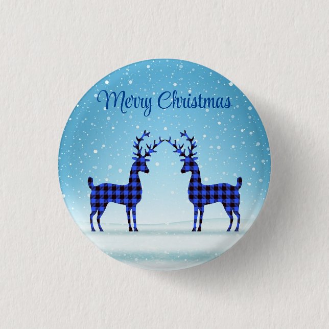 Snow Day with Blue Plaid Reindeer  3 Cm Round Badge (Front)