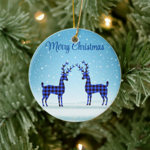 Snow Day with Blue Plaid Reindeer Ceramic Tree Decoration