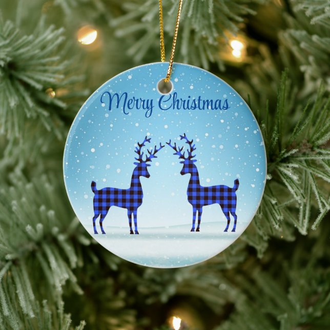 Snow Day with Blue Plaid Reindeer  Ceramic Tree Decoration (Tree)