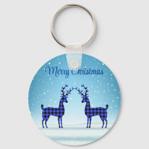 Snow Day with Blue Plaid Reindeer Key Ring