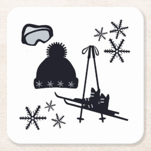 Snow designs of different items square paper coaster
