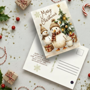 Snow Duck & Snowman Merry Christmas Holiday Postcard
