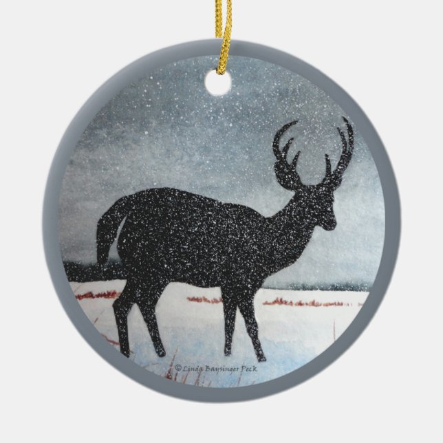 Snow Dusted Deer Ceramic Tree Decoration (Front)