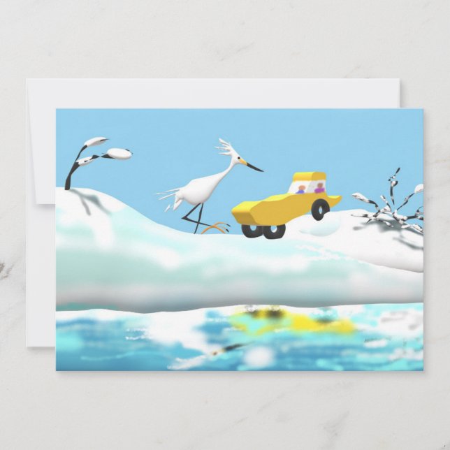 Snow Egret and Wooden Toy Car Thank You Card (Front)
