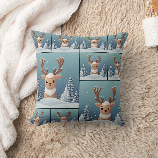 Snow Elk Cute Kawaii Brown Pattern Cushion (Blanket)