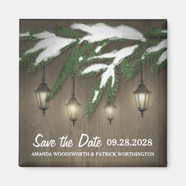 Snow Evergreen Lantern Wedding Save the Date Magnet (Front)