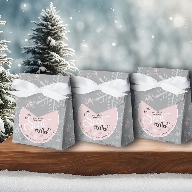 Snow Excited Baby Girl Pink Grey Snowflake Shower Favour Box (We're Snow Excited Baby name is coming soon! Baby girl winter shower pink & gray snowflake favor box)