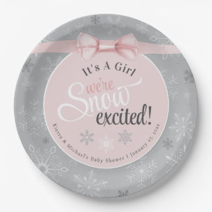 Snow Excited Baby Girl Pink Grey Snowflake Shower Paper Plate