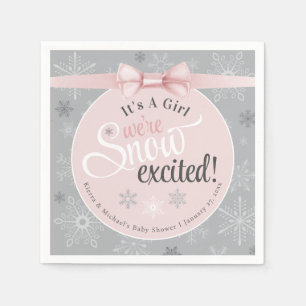 Snow Excited Baby Its A Girl Pink Snowflake Shower Napkin