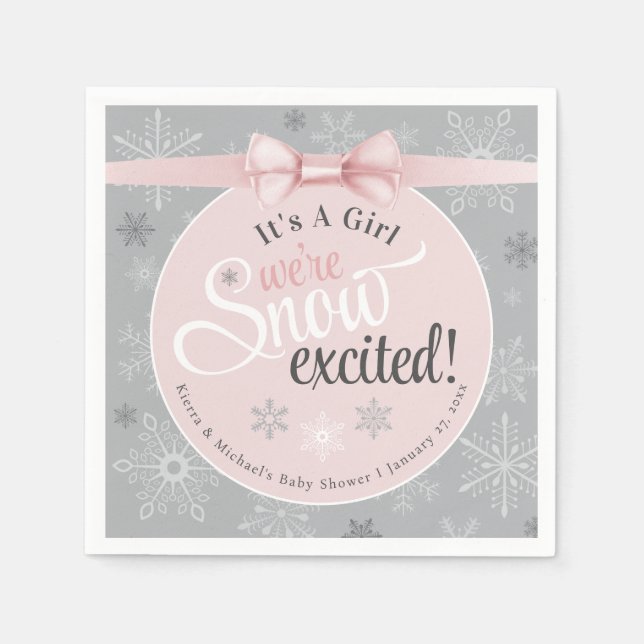 Snow Excited Baby Its A Girl Pink Snowflake Shower Napkin (Front)