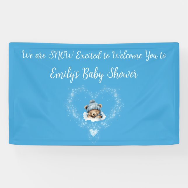 Snow Excited Blue Teddy Bear Baby Shower Banner (Horizontal)