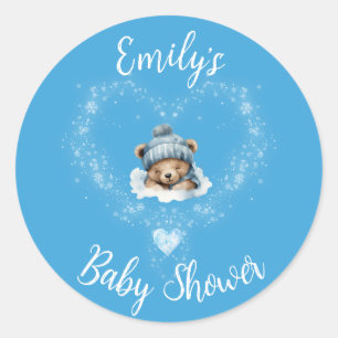 Snow Excited Blue Teddy Bear Baby Shower Classic Round Sticker