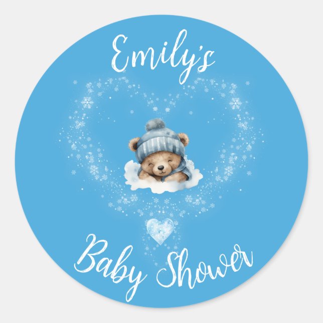 Snow Excited Blue Teddy Bear Baby Shower Classic Round Sticker (Front)
