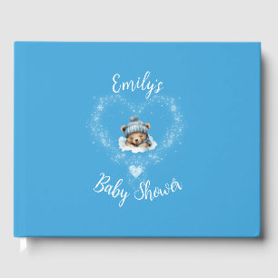Snow Excited Blue Teddy Bear Baby Shower Guest Book