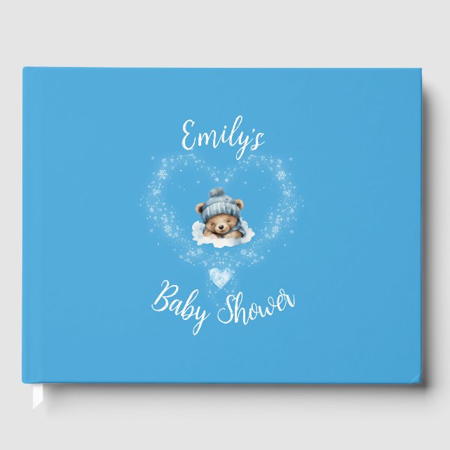 Snow Excited Blue Teddy Bear Baby Shower Guest Book (Front)