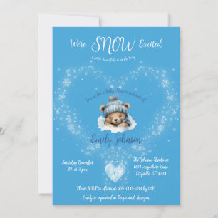 Snow Excited Blue Teddy Bear Baby Shower Invitation