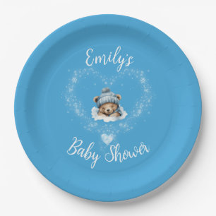 Snow Excited Blue Teddy Bear Baby Shower Paper Plate