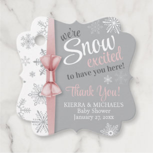 Snow Excited Pink Grey Snowflake Pink Baby Shower Favour Tags