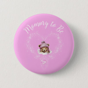 Snow Excited Pink Teddy Bear Baby Shower 6 Cm Round Badge