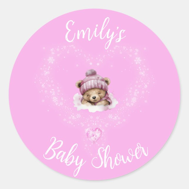 Snow Excited Pink Teddy Bear Baby Shower Classic Round Sticker (Front)