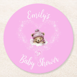 Snow Excited Pink Teddy Bear Baby Shower Round Paper Coaster