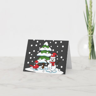 Snow Falling on Cardinal, Snowman and Pine Tree Card