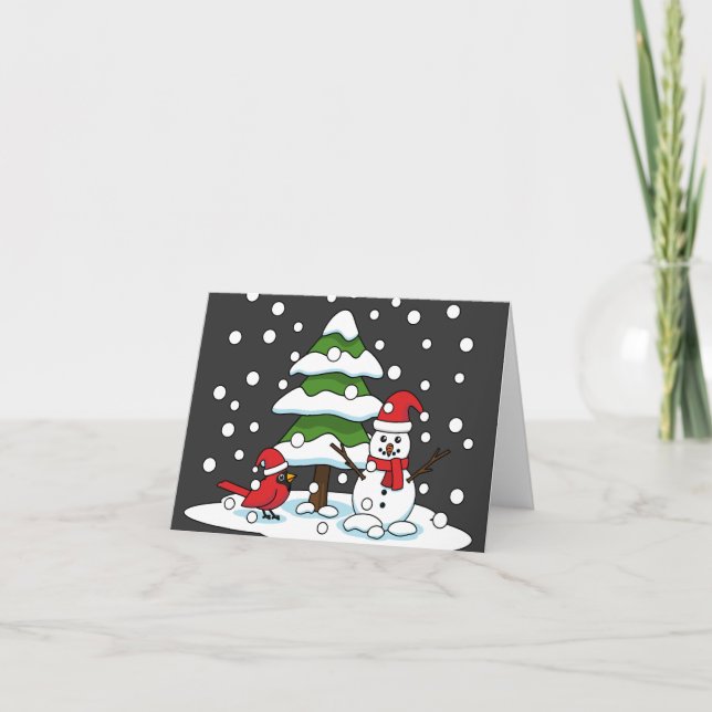 Snow Falling on Cardinal, Snowman and Pine Tree Card (Front)