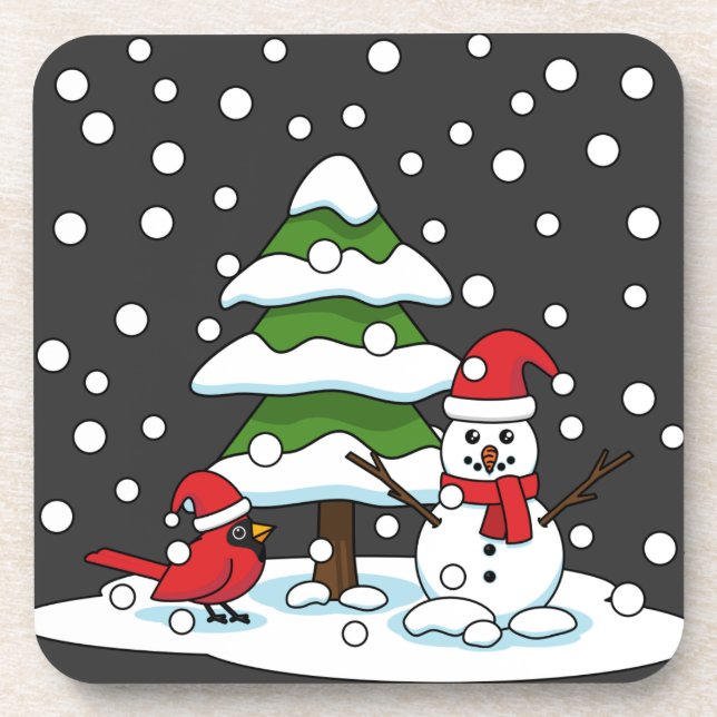 Snow Falling on Cardinal, Snowman and Pine Tree Coaster (Front)