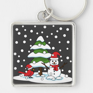 Snow Falling on Cardinal, Snowman and Pine Tree Key Ring